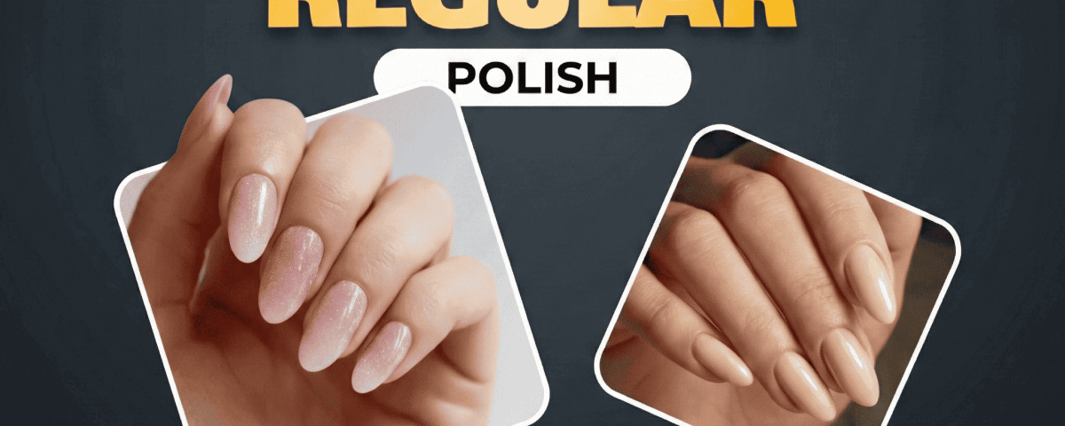 A side-by-side of gel polish and regular polish nails.
