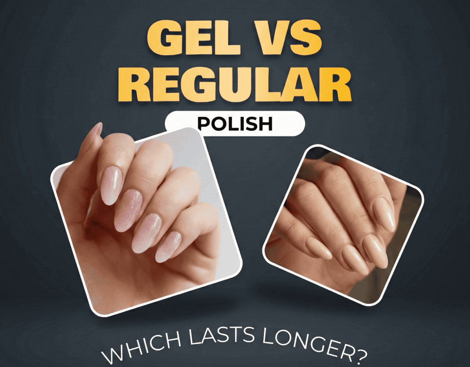 A side-by-side of gel polish and regular polish nails.
