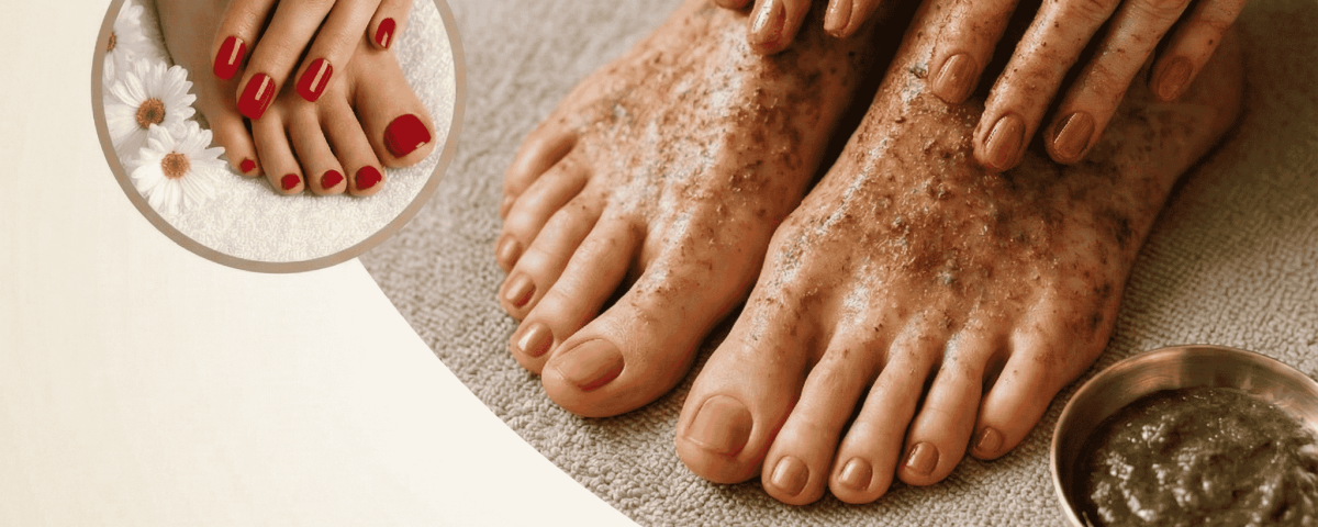 Hands and feet with manicured nails and lotion application.