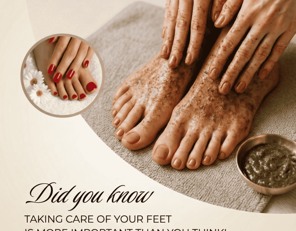 Hands and feet with manicured nails and lotion application.